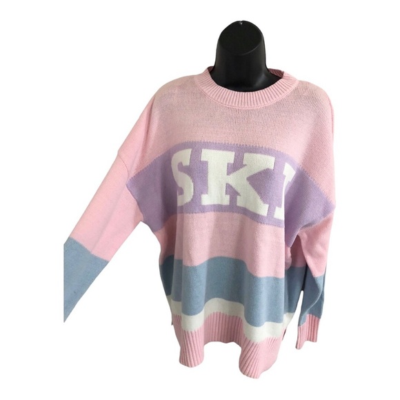 Sincerely jules pink blue stripe colorblock SKI graphic print sweater size S - Picture 4 of 12